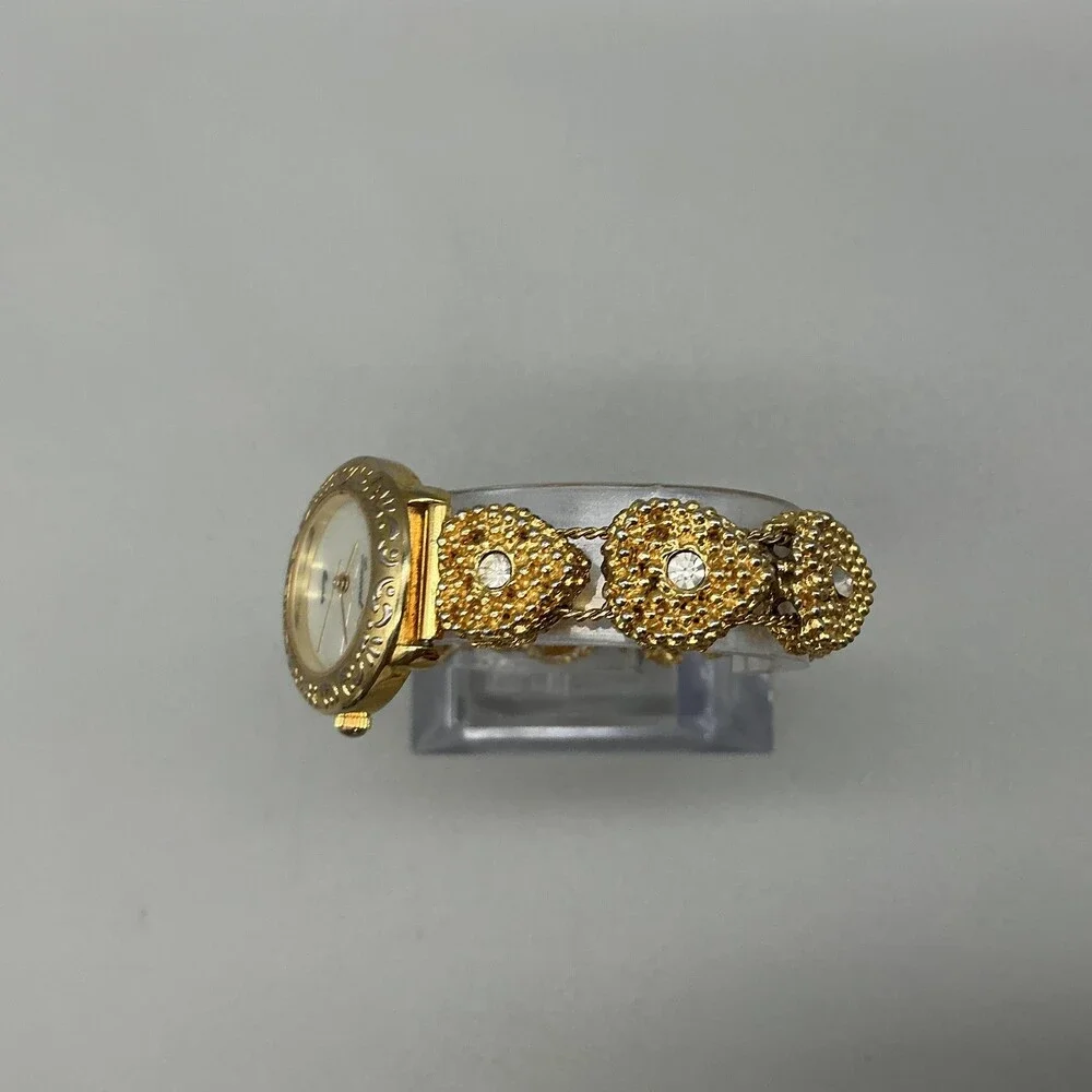 Vintage Lucoral Womens Watch 26mm White Dial Gold Tone Crystals Bracelet 7.75